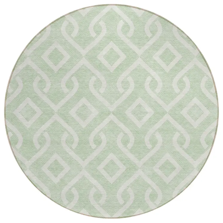 8' Mint Green And Ivory Round Geometric Washable Indoor Outdoor Area Rug