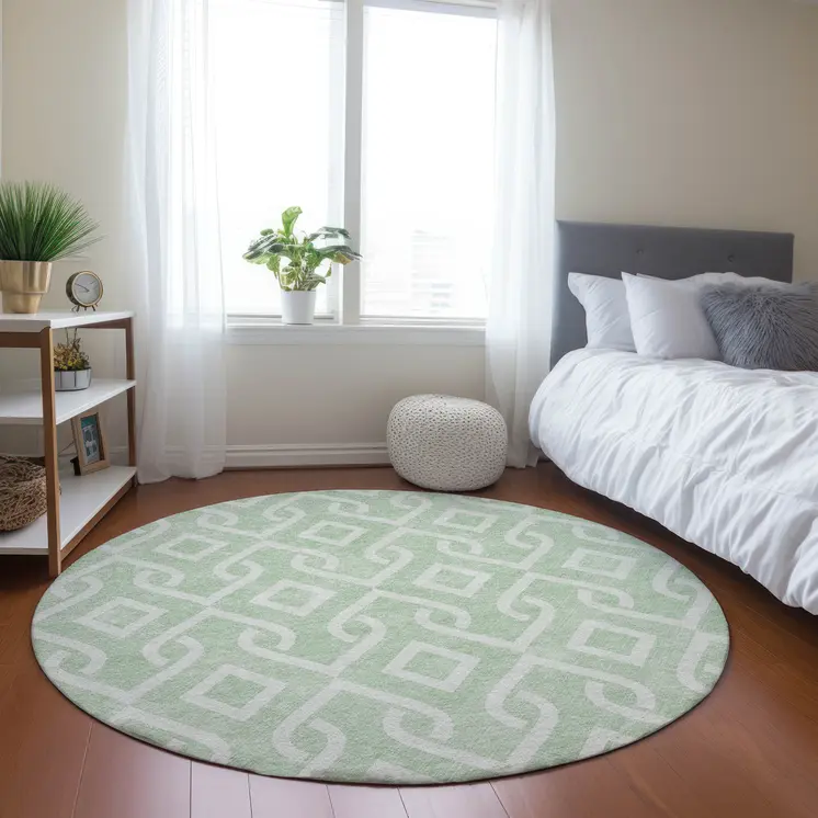 8' Mint Green And Ivory Round Geometric Washable Indoor Outdoor Area Rug