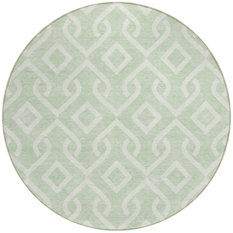 8' Mint Green And Ivory Round Geometric Washable Indoor Outdoor Area Rug