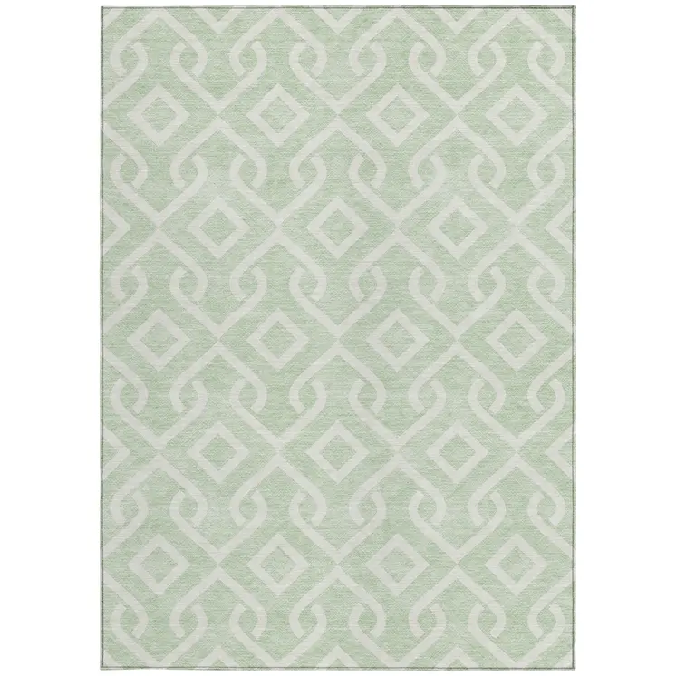 10' X 14' Mint Green And Ivory Geometric Washable Indoor Outdoor Area Rug
