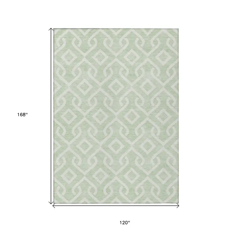 10' X 14' Mint Green And Ivory Geometric Washable Indoor Outdoor Area Rug