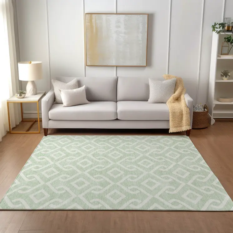 10' X 14' Mint Green And Ivory Geometric Washable Indoor Outdoor Area Rug