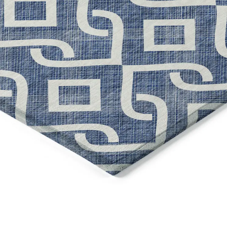 3' X 5' Navy Blue And Ivory Geometric Washable Indoor Outdoor Area Rug