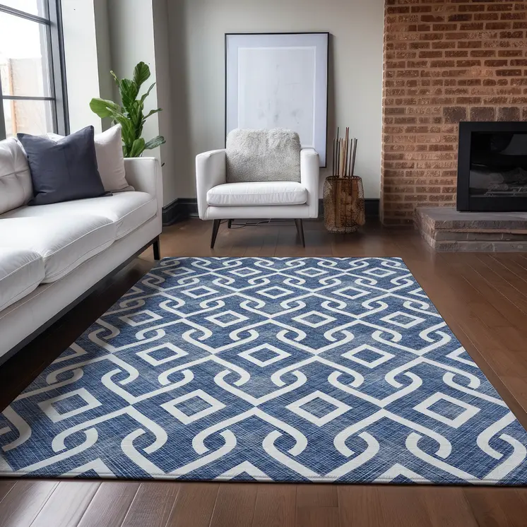 3' X 5' Navy Blue And Ivory Geometric Washable Indoor Outdoor Area Rug