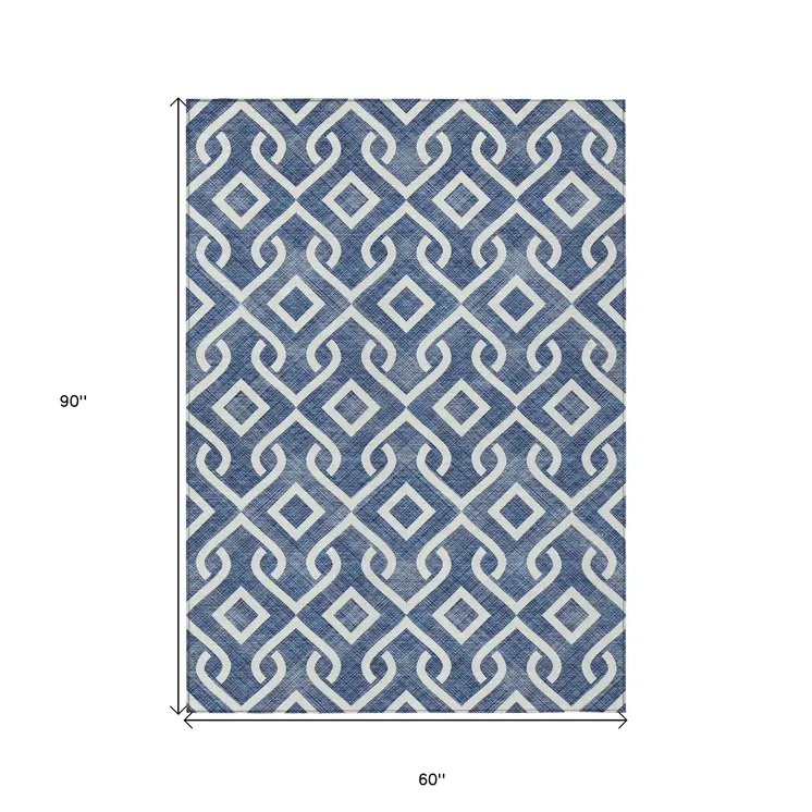 5' X 8' Navy Blue And Ivory Geometric Washable Indoor Outdoor Area Rug