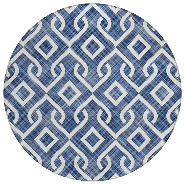 8' Navy Blue And Ivory Round Geometric Washable Indoor Outdoor Area Rug