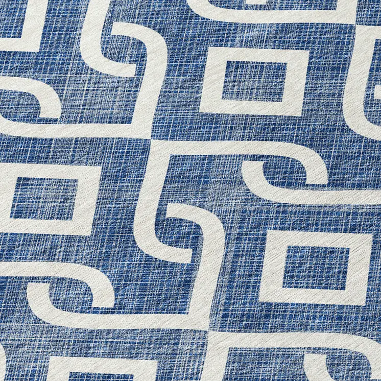 8' Navy Blue And Ivory Round Geometric Washable Indoor Outdoor Area Rug