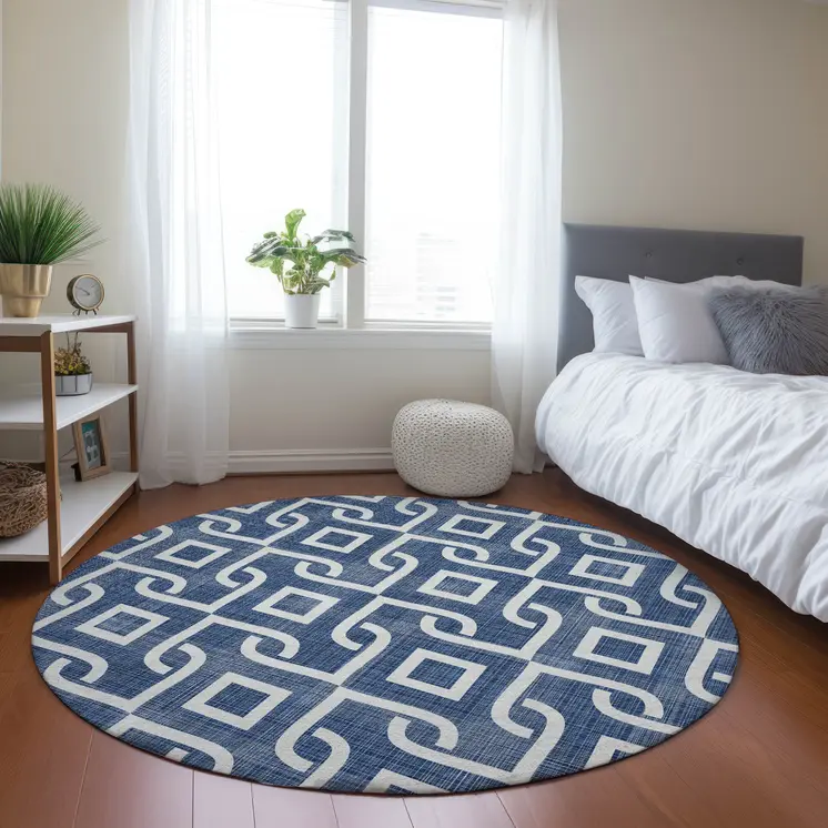 8' Navy Blue And Ivory Round Geometric Washable Indoor Outdoor Area Rug
