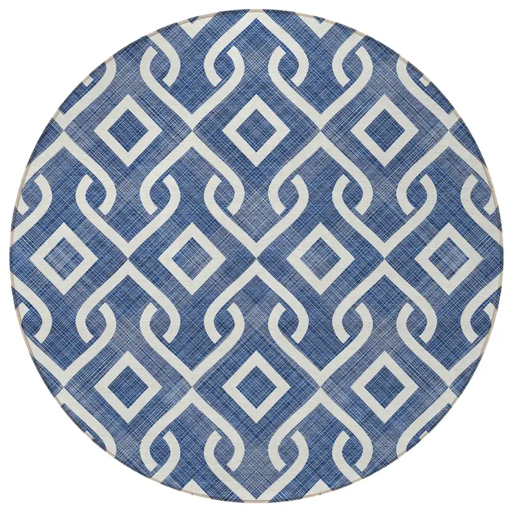 8' Navy Blue And Ivory Round Geometric Washable Indoor Outdoor Area Rug