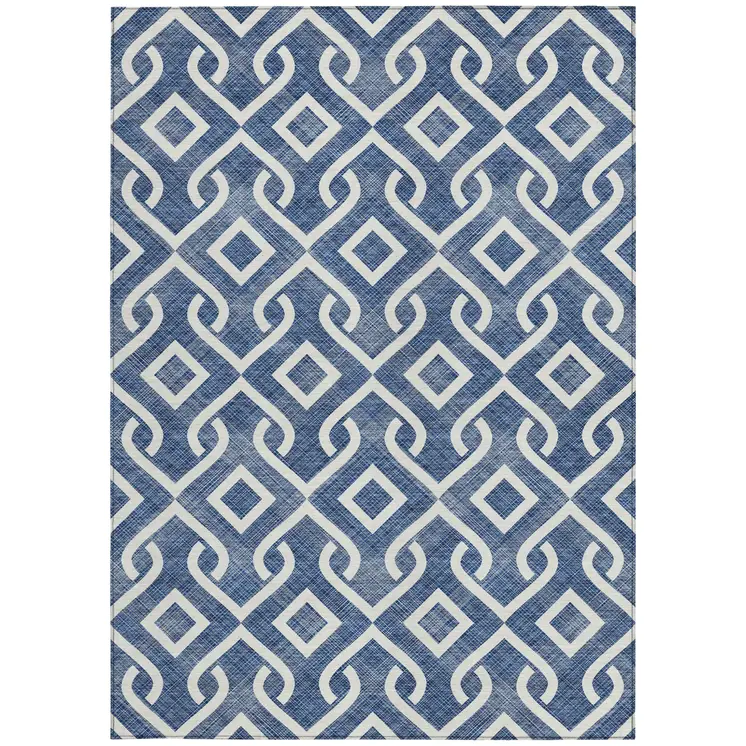 8' X 10' Navy Blue And Ivory Geometric Washable Indoor Outdoor Area Rug