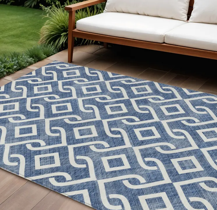 8' X 10' Navy Blue And Ivory Geometric Washable Indoor Outdoor Area Rug