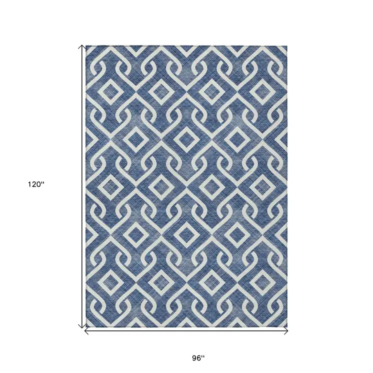 8' X 10' Navy Blue And Ivory Geometric Washable Indoor Outdoor Area Rug