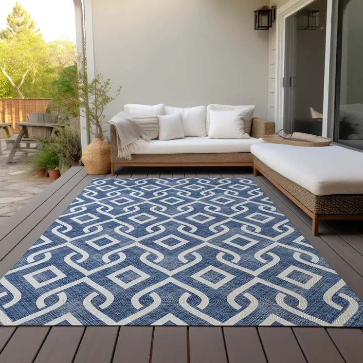 10' X 14' Navy Blue And Ivory Geometric Washable Indoor Outdoor Area Rug