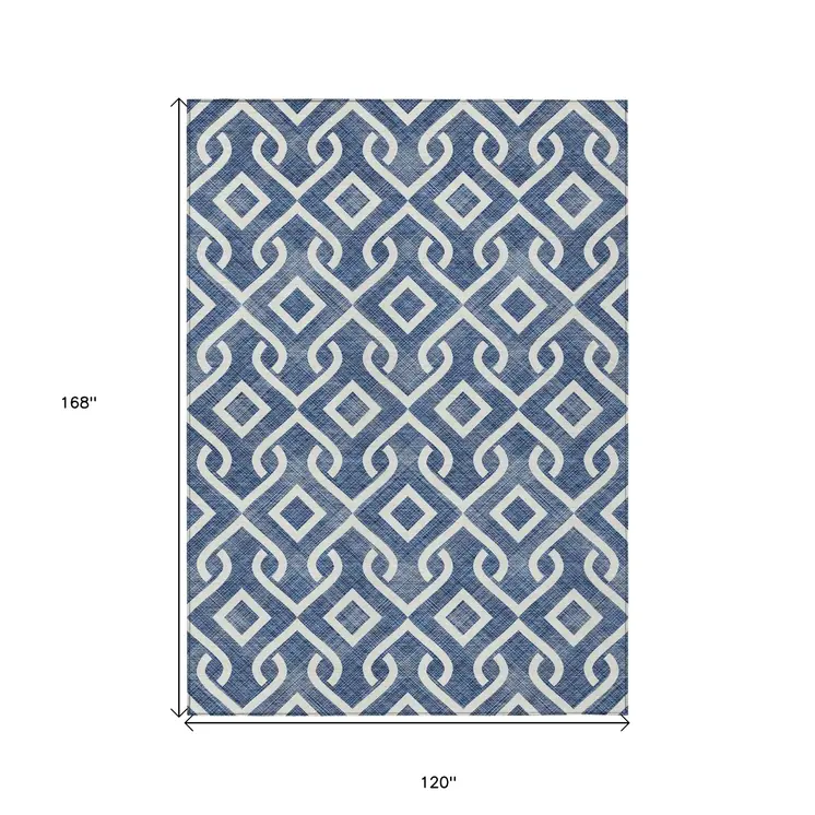 10' X 14' Navy Blue And Ivory Geometric Washable Indoor Outdoor Area Rug