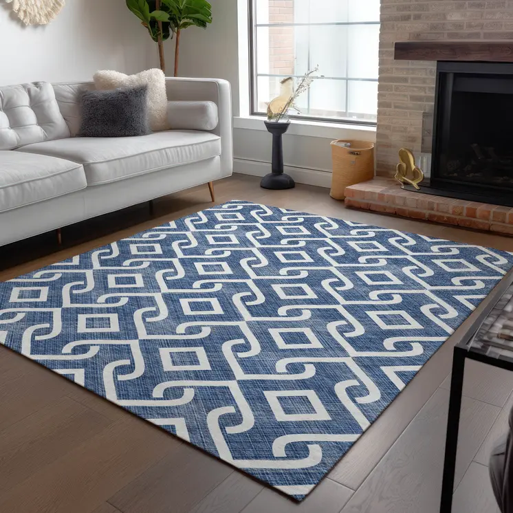 10' X 14' Navy Blue And Ivory Geometric Washable Indoor Outdoor Area Rug