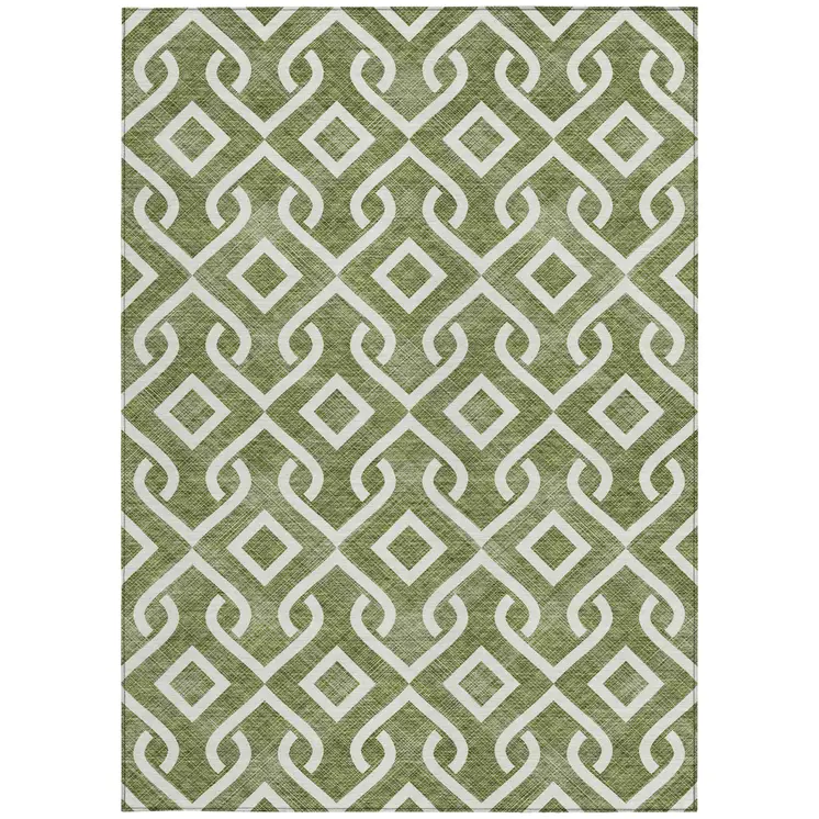 3' X 5' Olive Green And Ivory Geometric Washable Indoor Outdoor Area Rug