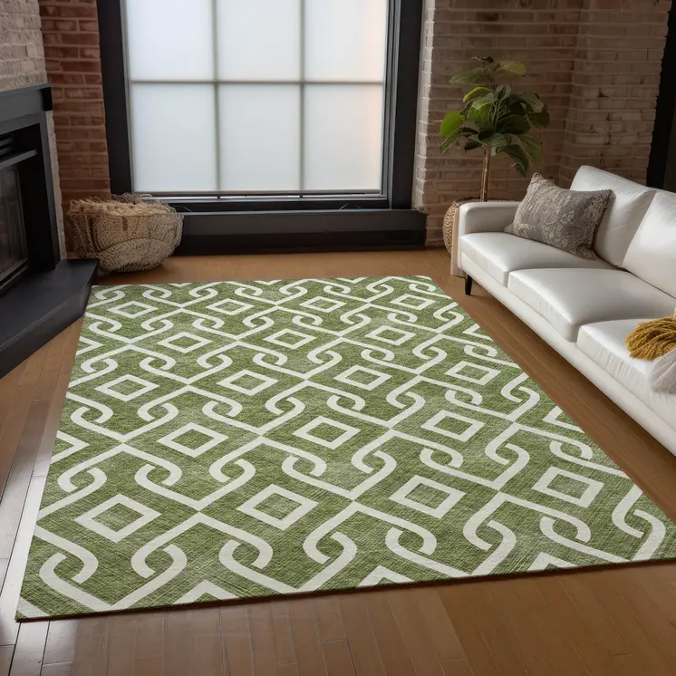 3' X 5' Olive Green And Ivory Geometric Washable Indoor Outdoor Area Rug