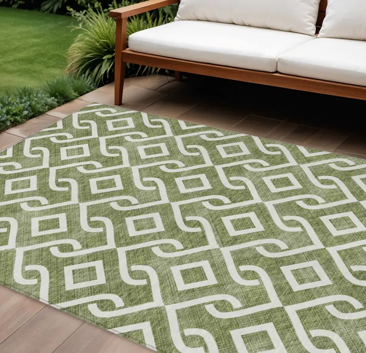 8' X 10' Olive Green And Ivory Geometric Washable Indoor Outdoor Area Rug