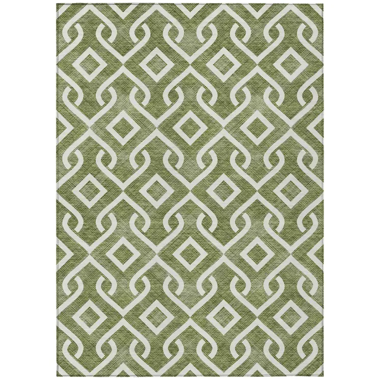 8' X 10' Olive Green And Ivory Geometric Washable Indoor Outdoor Area Rug