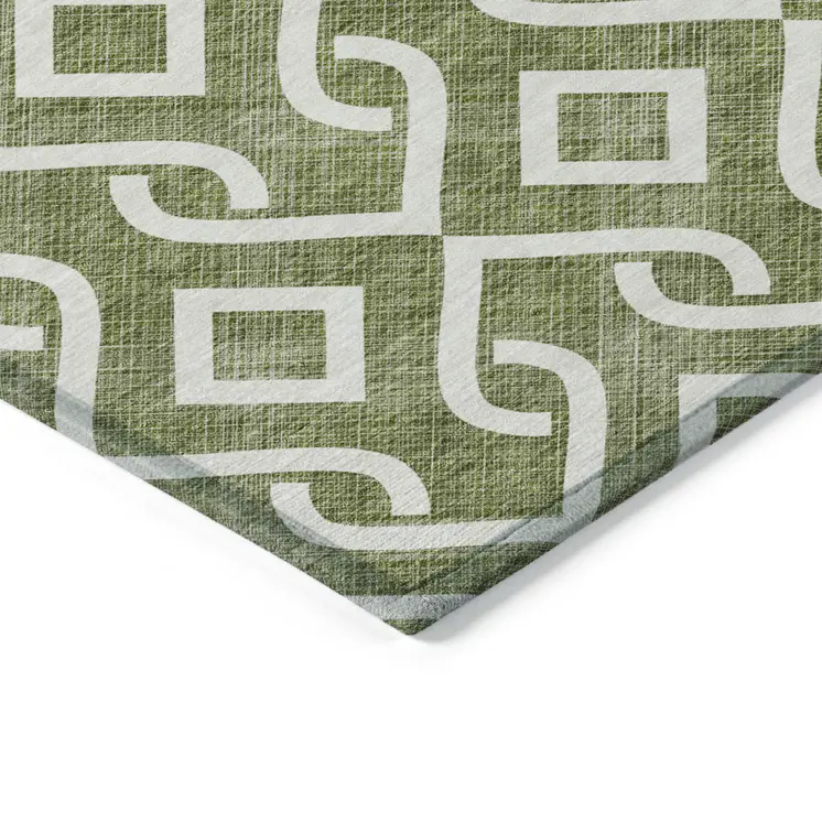 8' X 10' Olive Green And Ivory Geometric Washable Indoor Outdoor Area Rug