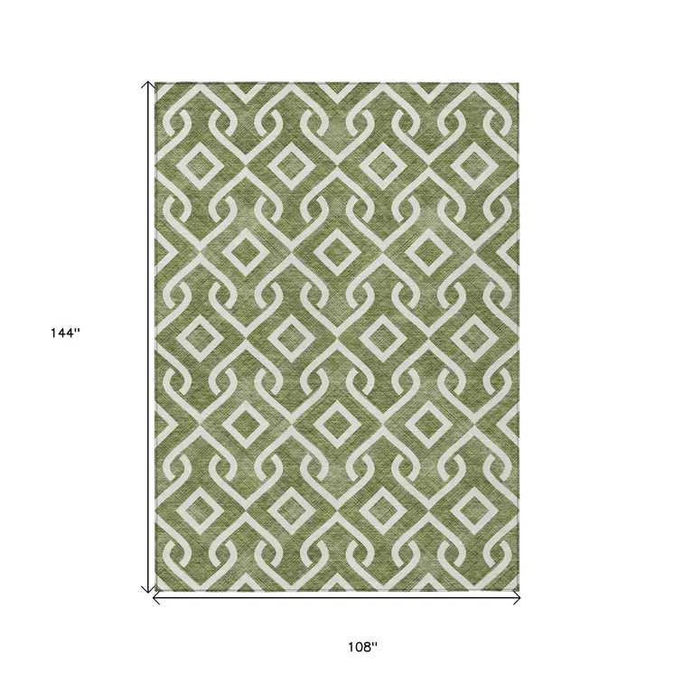 9' X 12' Olive Green And Ivory Geometric Washable Indoor Outdoor Area Rug