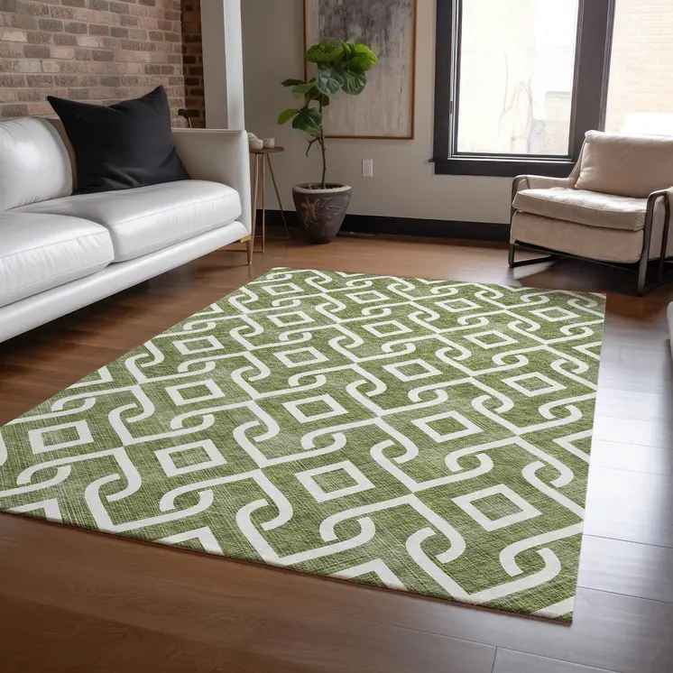 9' X 12' Olive Green And Ivory Geometric Washable Indoor Outdoor Area Rug
