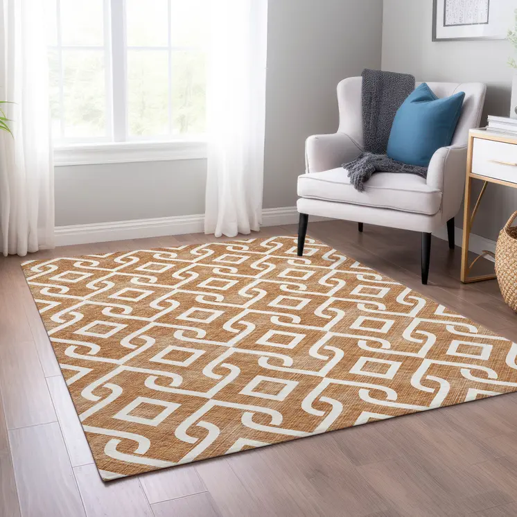 3' X 5' Orange And Ivory Geometric Washable Indoor Outdoor Area Rug
