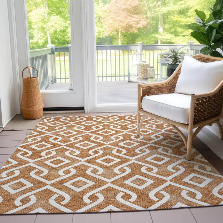 5' X 8' Orange And Ivory Geometric Washable Indoor Outdoor Area Rug