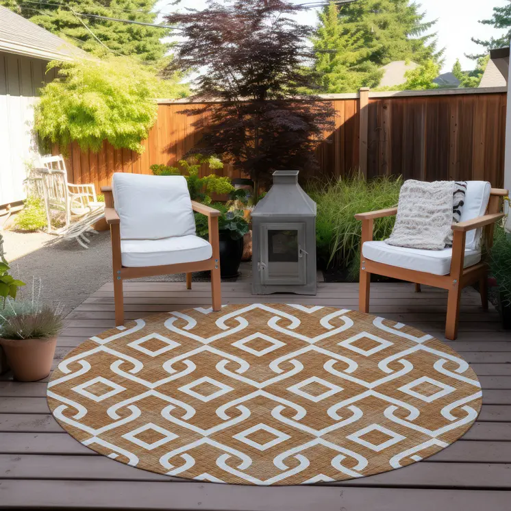 8' Orange And Ivory Round Geometric Washable Indoor Outdoor Area Rug