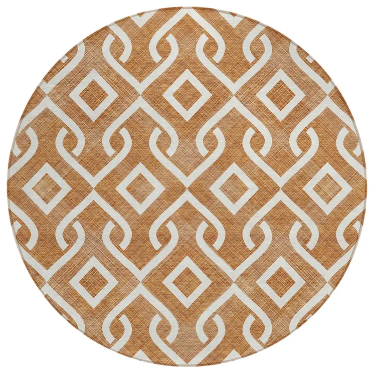 8' Orange And Ivory Round Geometric Washable Indoor Outdoor Area Rug