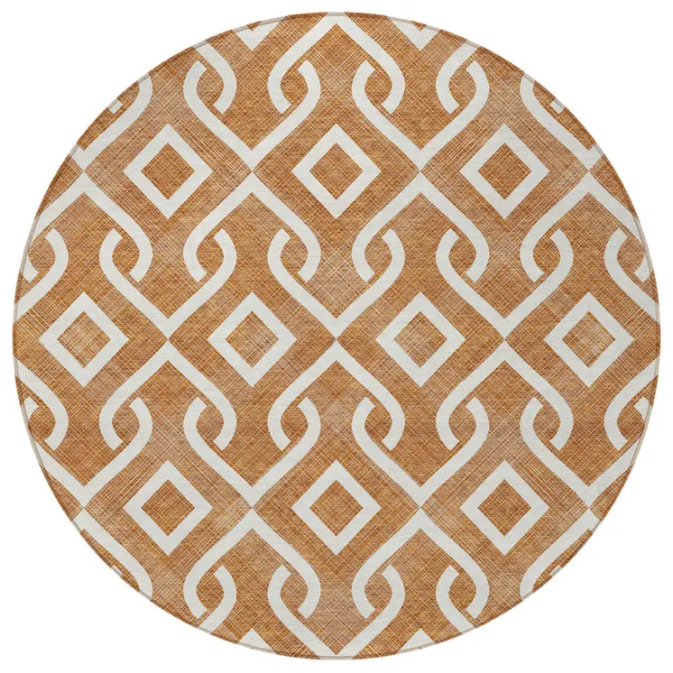 8' Orange And Ivory Round Geometric Washable Indoor Outdoor Area Rug