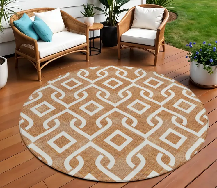 8' Orange And Ivory Round Geometric Washable Indoor Outdoor Area Rug