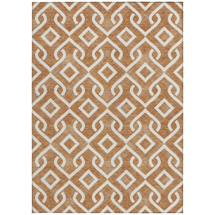 8' X 10' Orange And Ivory Geometric Washable Indoor Outdoor Area Rug