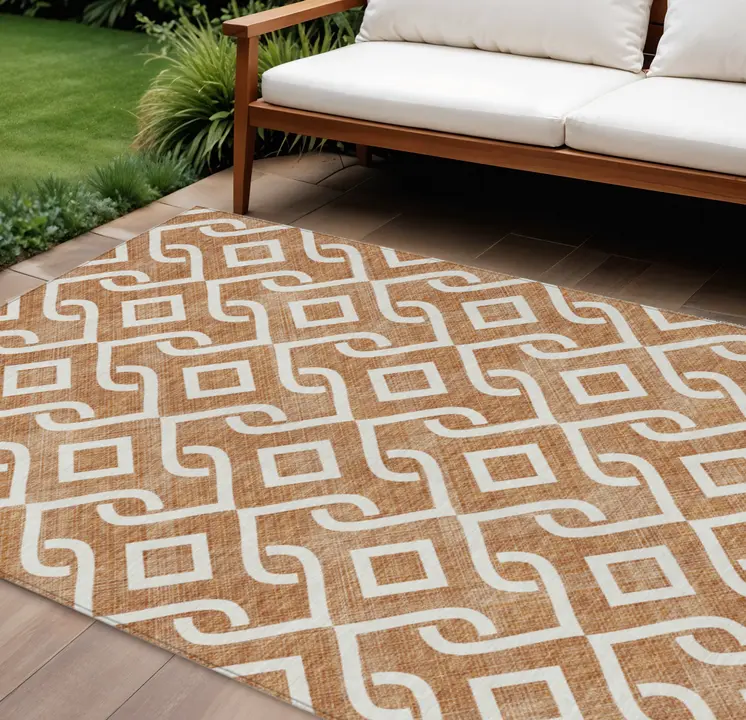 8' X 10' Orange And Ivory Geometric Washable Indoor Outdoor Area Rug