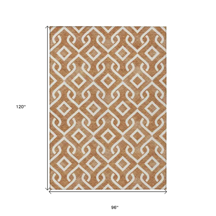 8' X 10' Orange And Ivory Geometric Washable Indoor Outdoor Area Rug