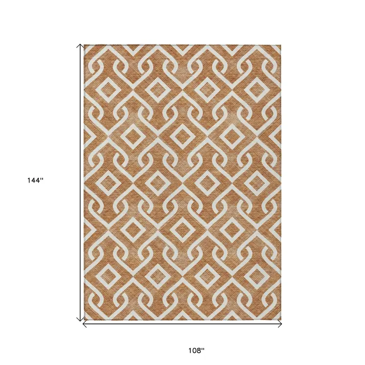 9' X 12' Orange And Ivory Geometric Washable Indoor Outdoor Area Rug