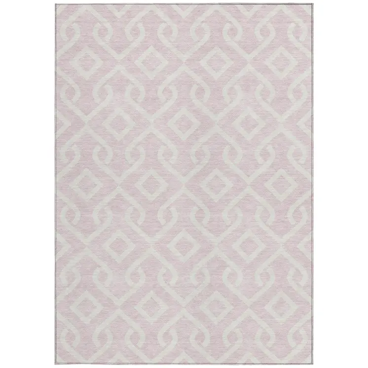 3' X 5' Pink And Ivory Geometric Washable Indoor Outdoor Area Rug