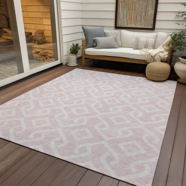 3' X 5' Pink And Ivory Geometric Washable Indoor Outdoor Area Rug
