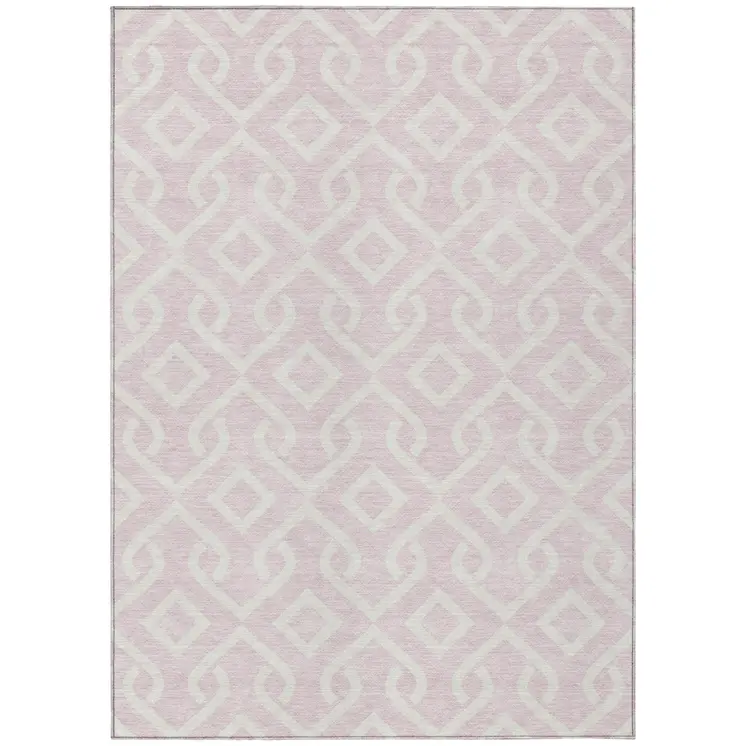 3' X 5' Pink And Ivory Geometric Washable Indoor Outdoor Area Rug