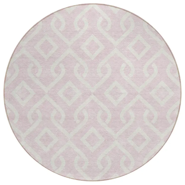 8' Pink And Ivory Round Geometric Washable Indoor Outdoor Area Rug