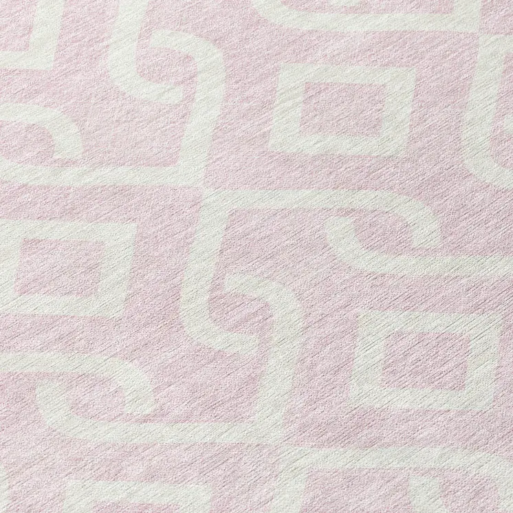 8' Pink And Ivory Round Geometric Washable Indoor Outdoor Area Rug