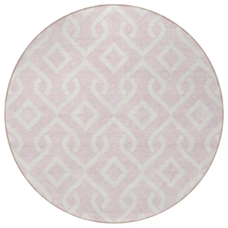 8' Pink And Ivory Round Geometric Washable Indoor Outdoor Area Rug