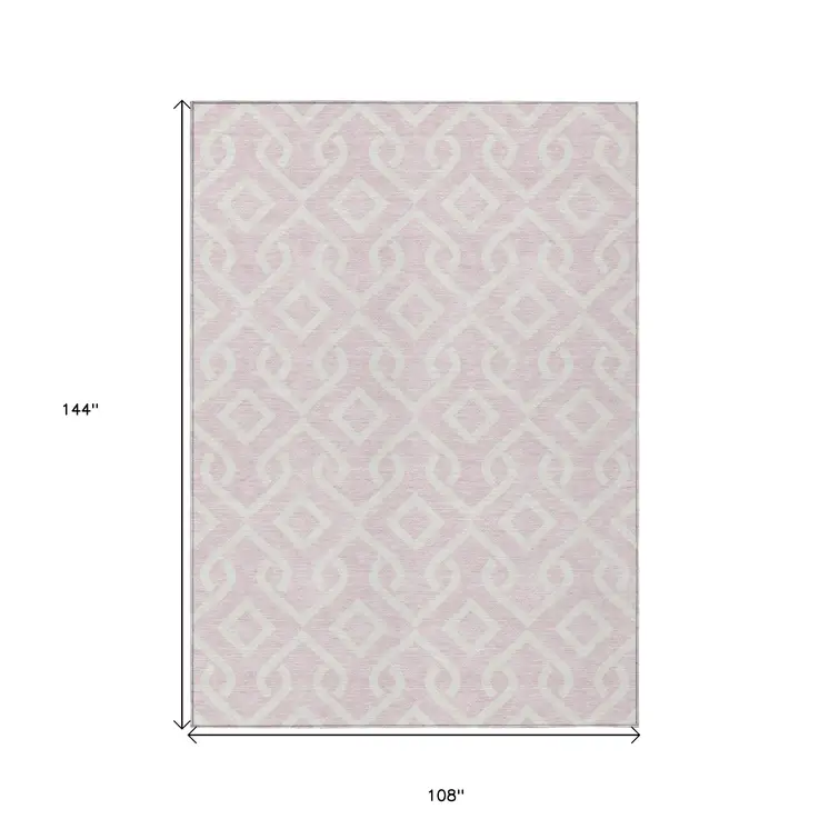 9' X 12' Pink And Ivory Geometric Washable Indoor Outdoor Area Rug