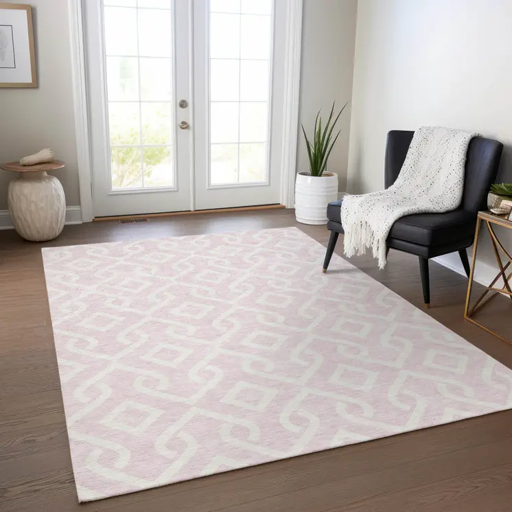 9' X 12' Pink And Ivory Geometric Washable Indoor Outdoor Area Rug