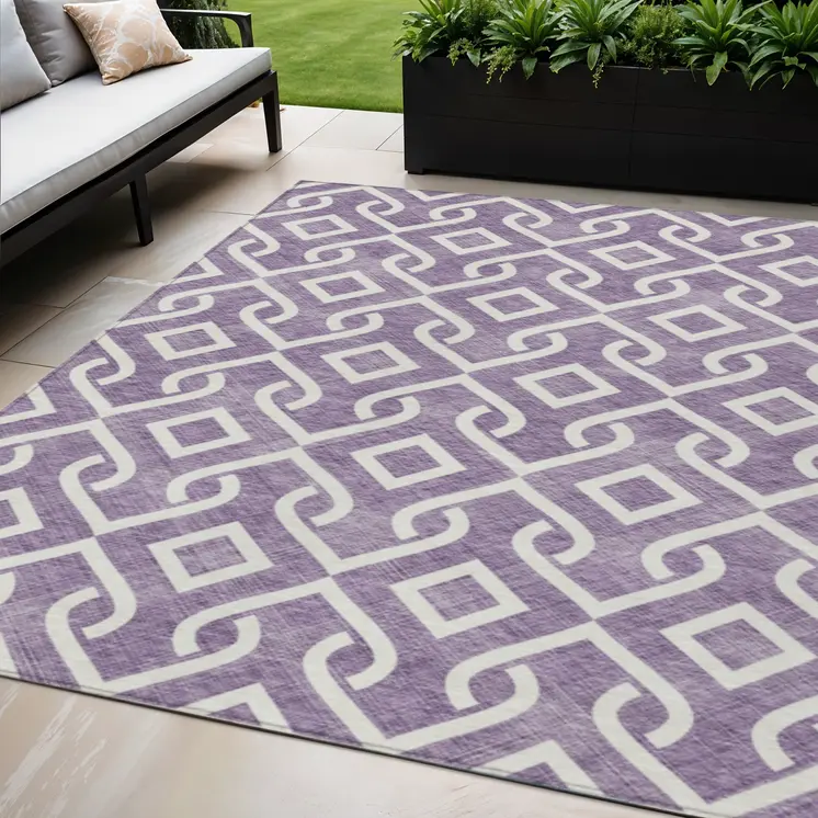 5' X 8' Purple And Ivory Geometric Washable Indoor Outdoor Area Rug