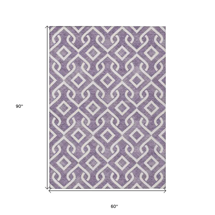 5' X 8' Purple And Ivory Geometric Washable Indoor Outdoor Area Rug