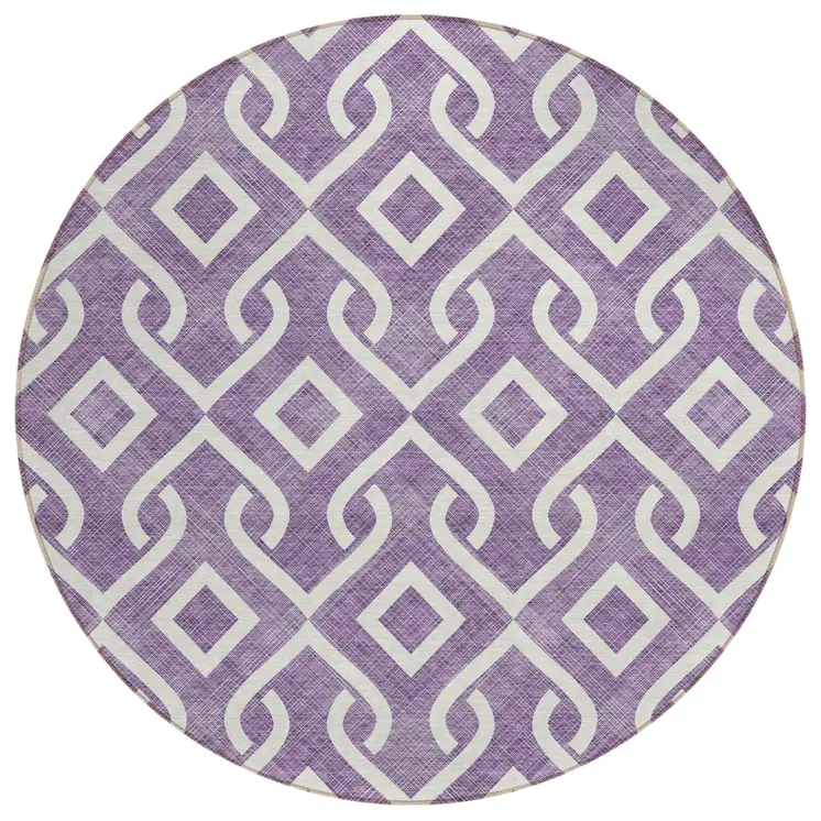 8' Purple And Ivory Round Geometric Washable Indoor Outdoor Area Rug