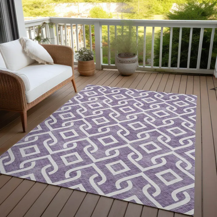 8' X 10' Purple And Ivory Geometric Washable Indoor Outdoor Area Rug