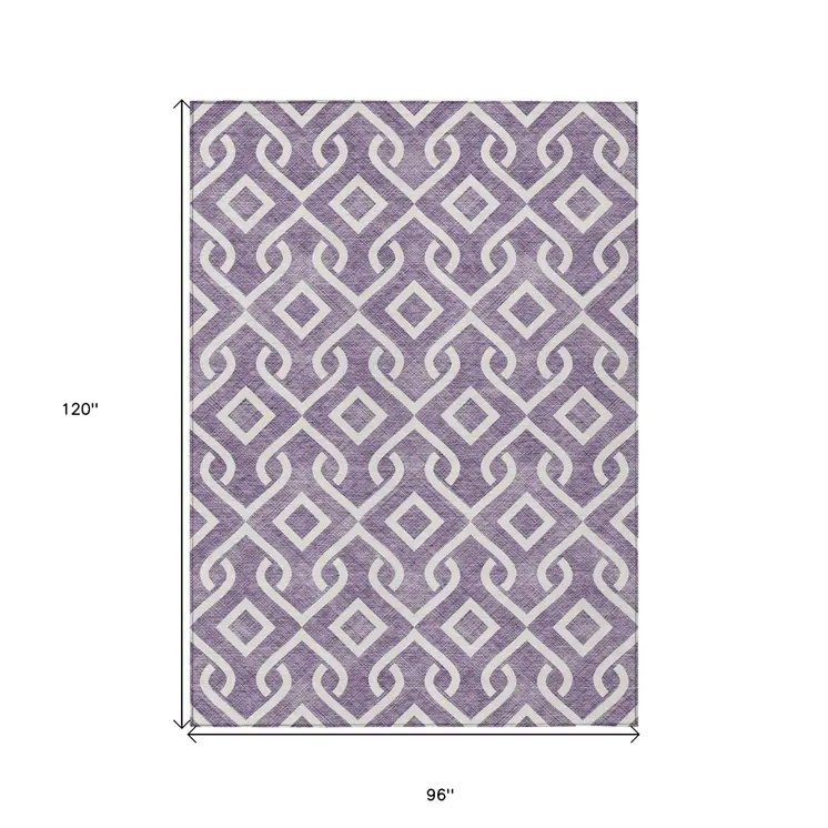 8' X 10' Purple And Ivory Geometric Washable Indoor Outdoor Area Rug