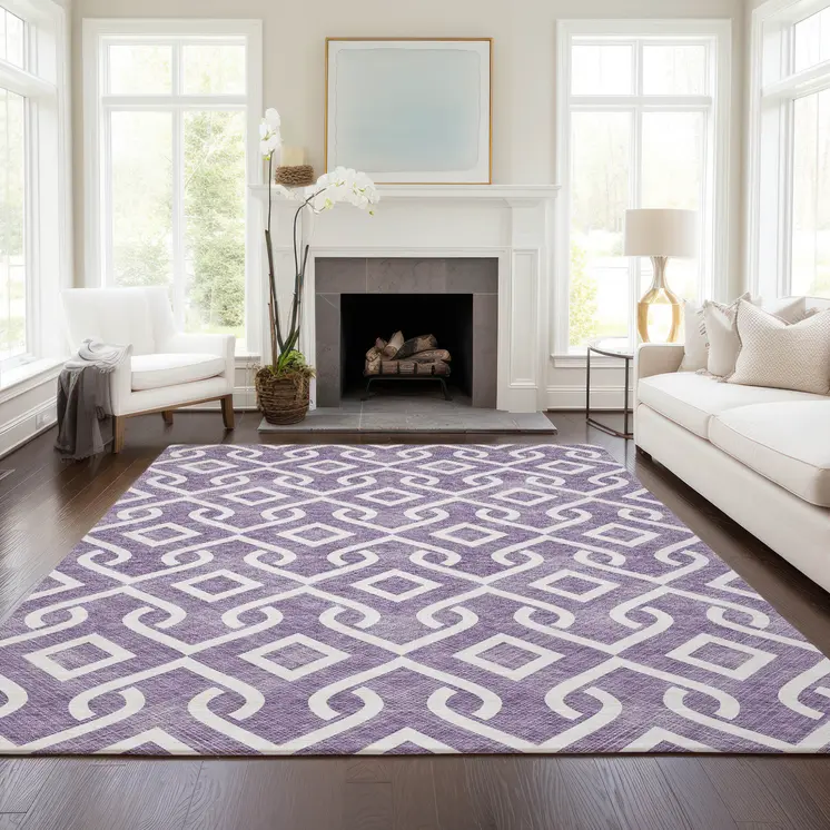 8' X 10' Purple And Ivory Geometric Washable Indoor Outdoor Area Rug